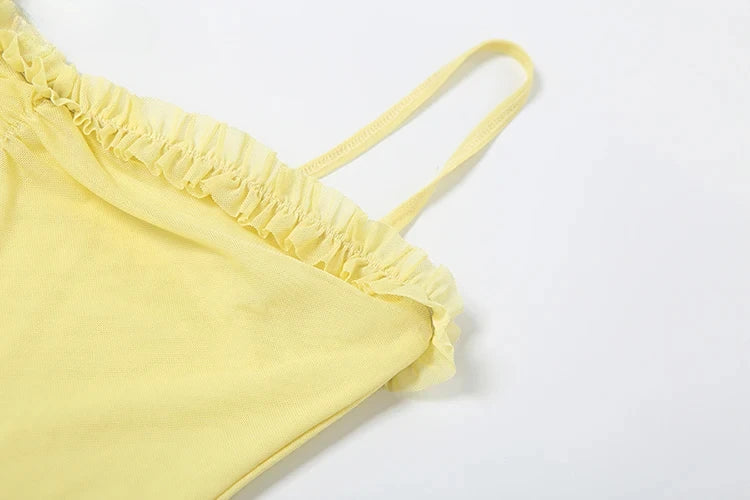 Weird Puss Ruffles Bandage Dress Women Sexy Backless Sleeveless Tassel Lace-Neck See Through Slits Hem Prom Party Long Bodycon