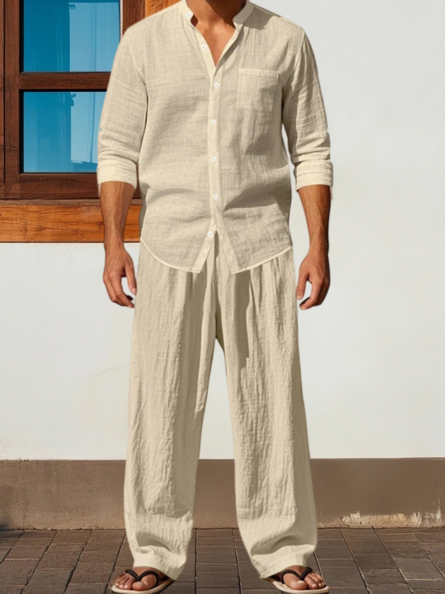 Men s Cotton Summer Outfits Sets Lightweight Breathable Short Sleeve Shirt and Shorts 2 Pcs Set for Beach Vacation