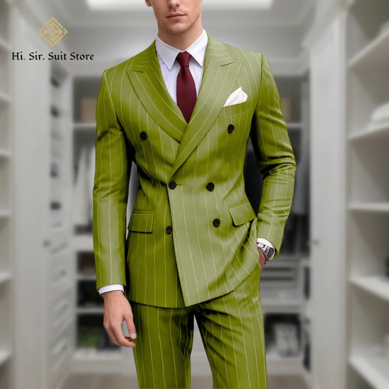 Men's 2-Piece Suit Plus Size Blazer European & American Fashion Striped Double-Breasted Suit Custom-Made Small Batch Blue Jacket