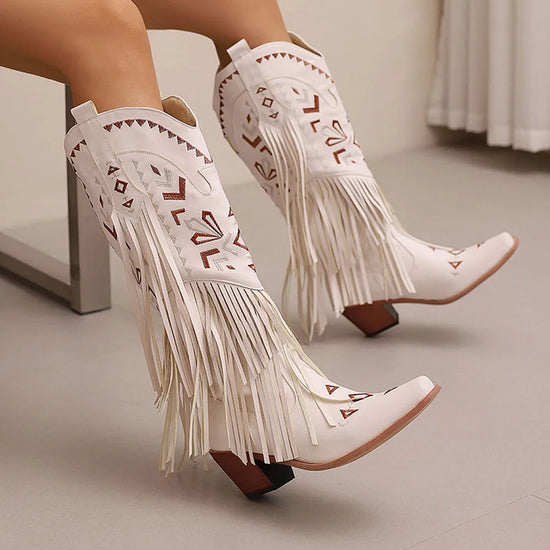 GIGIFOX Retro Tassel Embroidered Cowgirl Mid-Calf Women Western Boots Pointed Toe Chunky High Heel Cowboy Cool All-Match Shoes