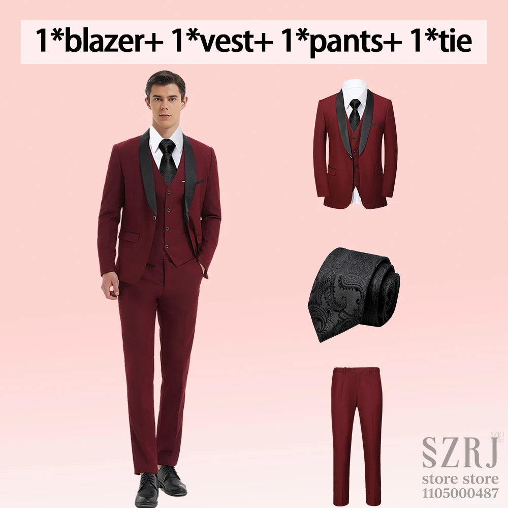 4pcs Men's Suit: Blazer, Vest, Pants, Black Tie.  One Button, Plain Color Tuxedo. Regular Fit. For Wedding, Groomsman Attire.