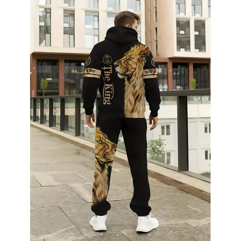 Men's 'THE KING' and Lion Print Long Sleeve Hoodie+Pants Suit，Casual Trendy Set as a Gift