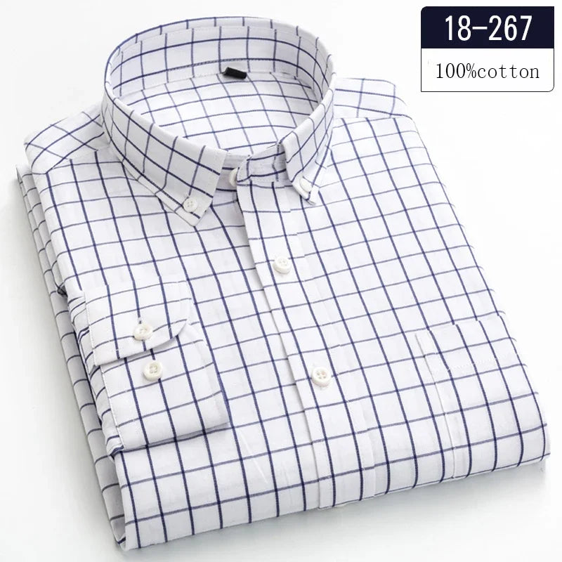 New in Shirt 100% Cotton Long-Sleeve Shirts for Men Slim Fit Plain Shirt Thin Plaid Striped Tops Fashion Elegants Office Clothes