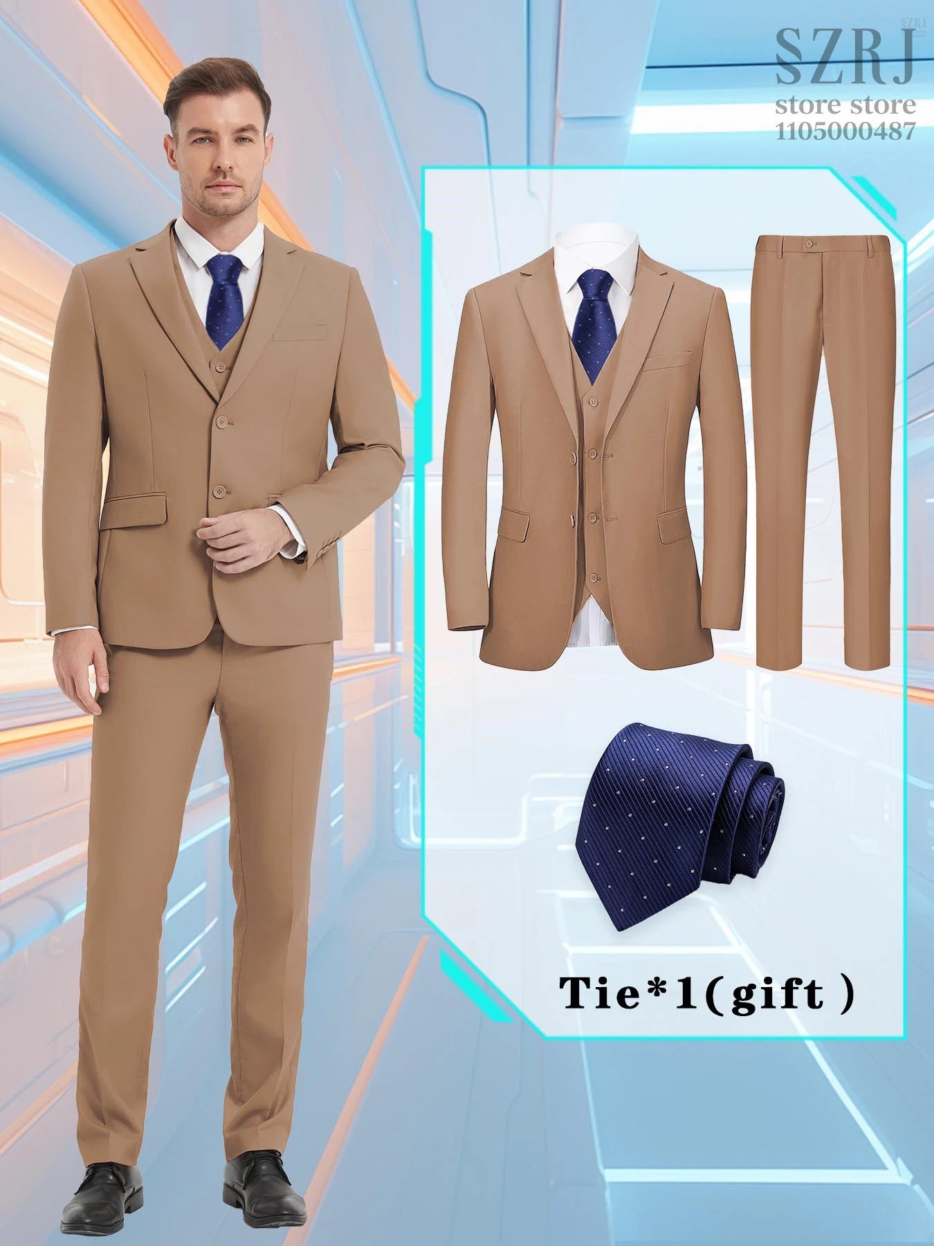 Men's 4-Piece Suit: Jacket+Vest+Pants+Blue Spotted Tie.Gentleman Style, Premium, Tailored. For Business, Parties, Weddings.