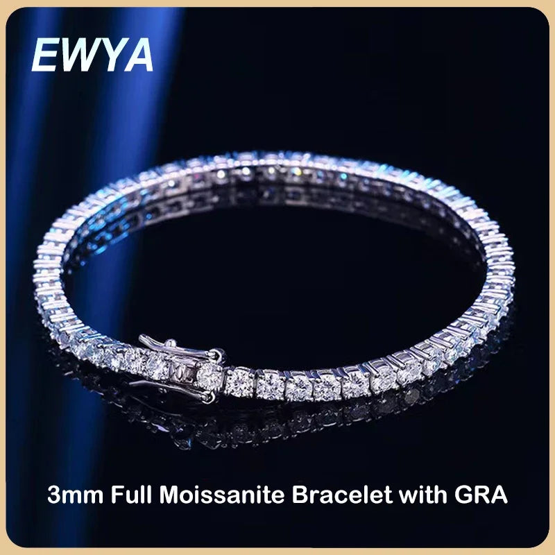 EWYA S925 Sterling Silver Certified Moissanite Bracelet 0.1ct 3mm D VVS1 Lab Diamond Women Sparkling Wedding Party Fine Jewelry