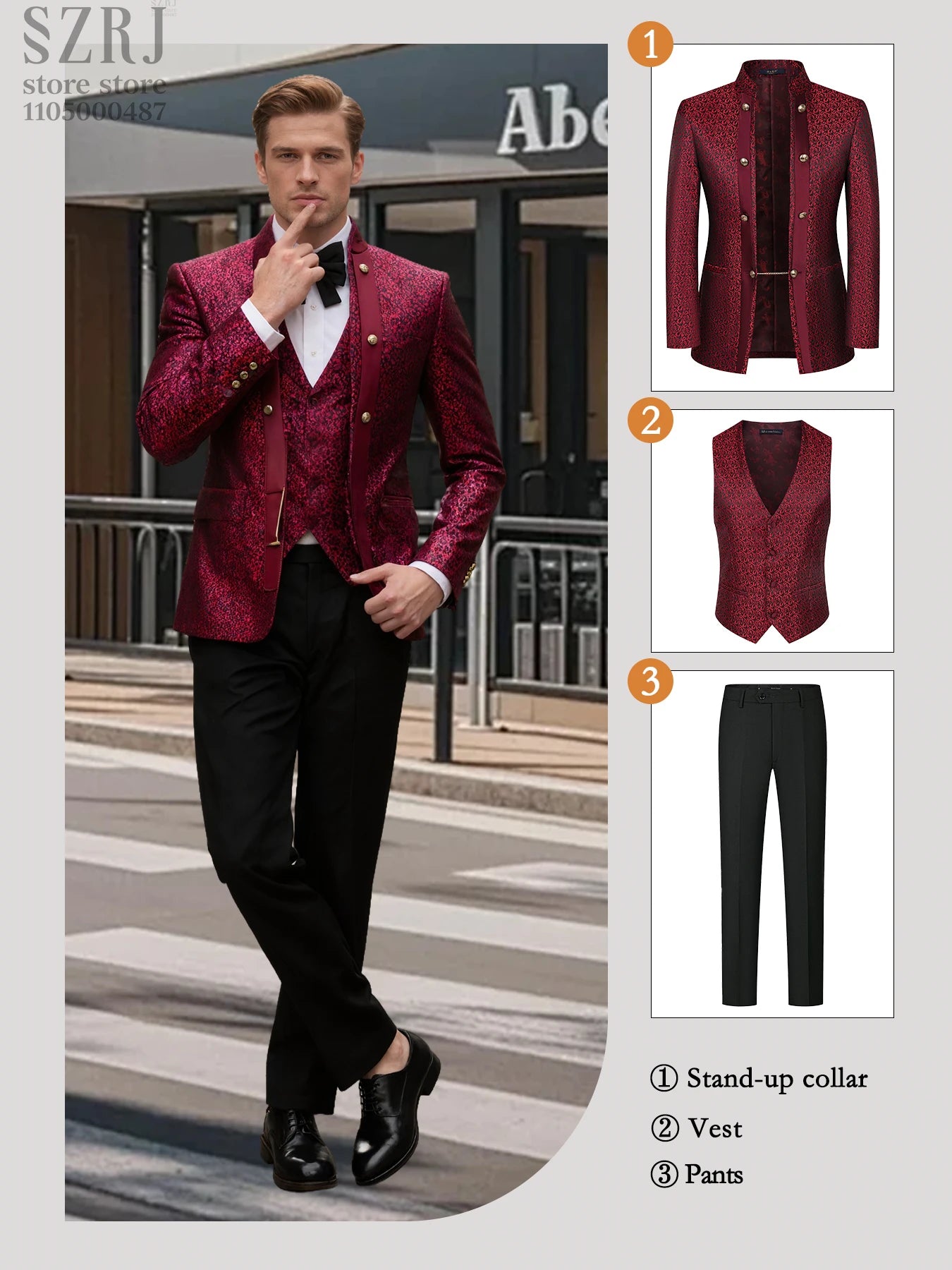 Men's 3pcs Floral Tuxedo Suit: Stand Collar, Double-Breasted Vest & Pants - Wedding/Party/Performance