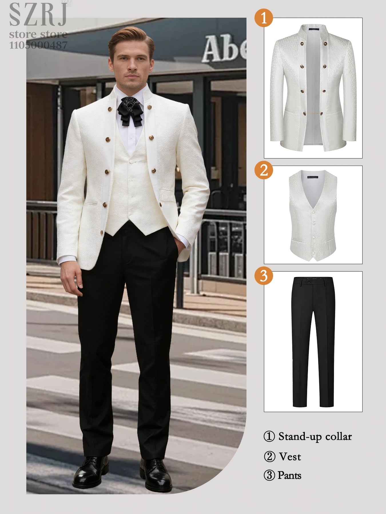 Men's 3pcs Floral Tuxedo Suit: Stand Collar, Double-Breasted Vest & Pants - Wedding/Party/Performance