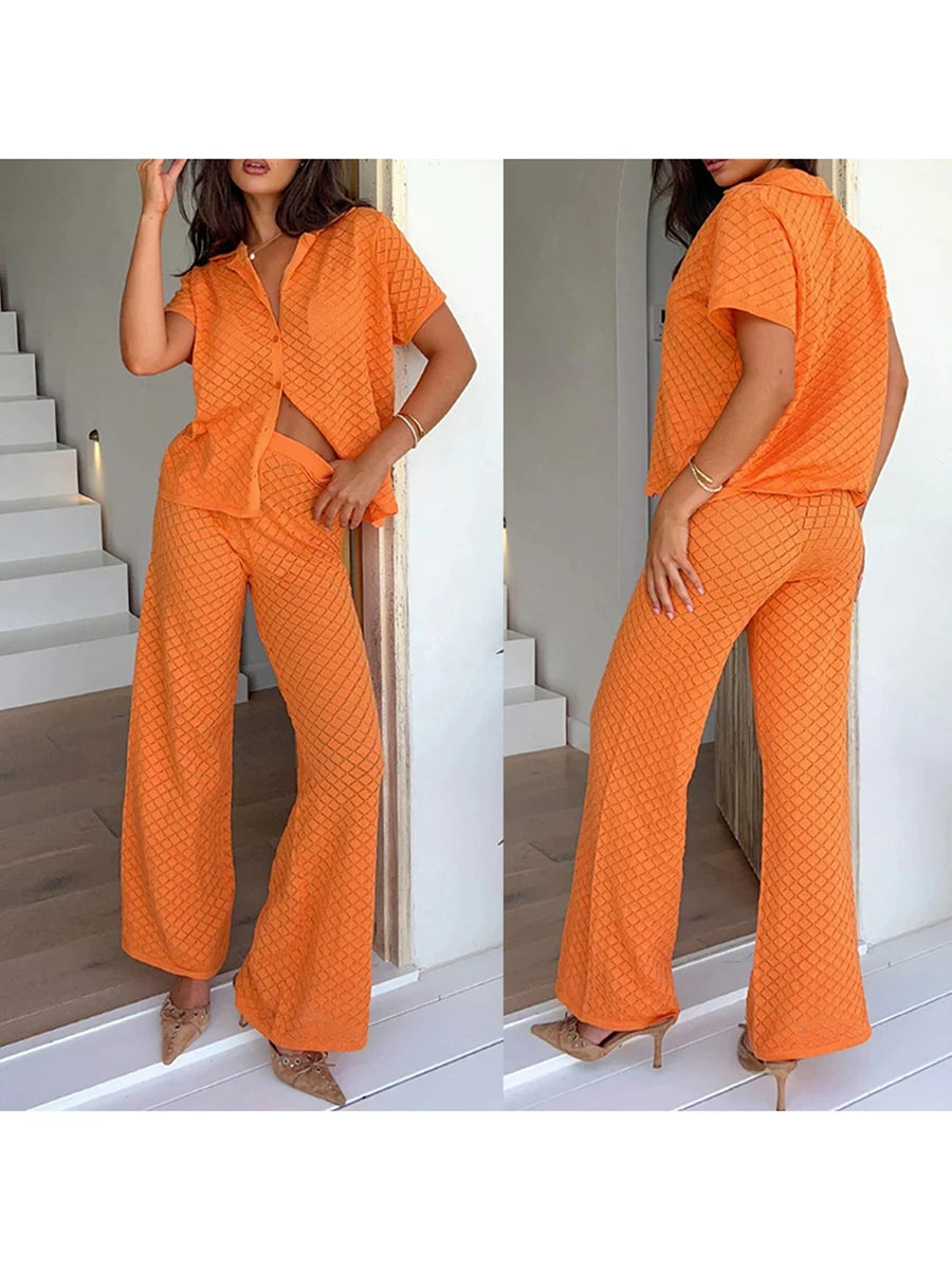 Women s 2 Piece Knit Set Lapel Neck Short Sleeve Button Down Tops Elastic Waist Wide Leg Pants Solid Color Outfits for Summer