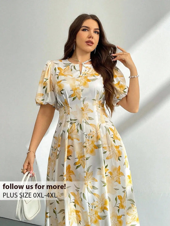 Plus Size Women Floral Print Puff Sleeve A-Line Midi Dress Yellow Summer