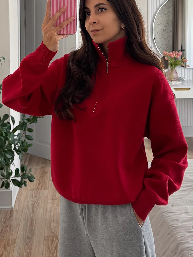Red Zip Up Sweater Women Brown Oversized Winter Autumn Pullovers Half Zip Thick White Turtleneck Sweater With Zipper Women Warm