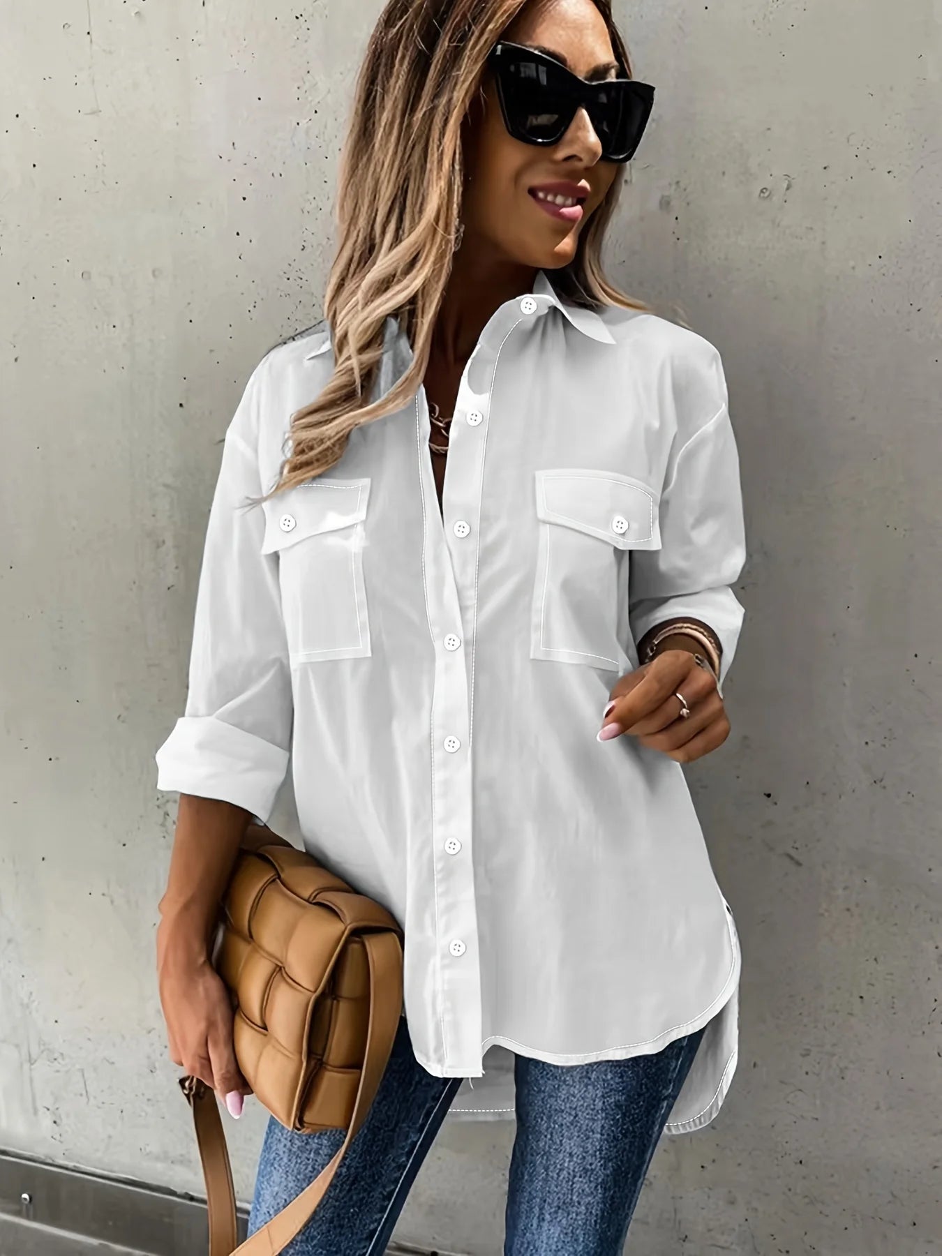 Women's shirt - front placket button double pocket, front short back long long sleeve shirt, front short back long