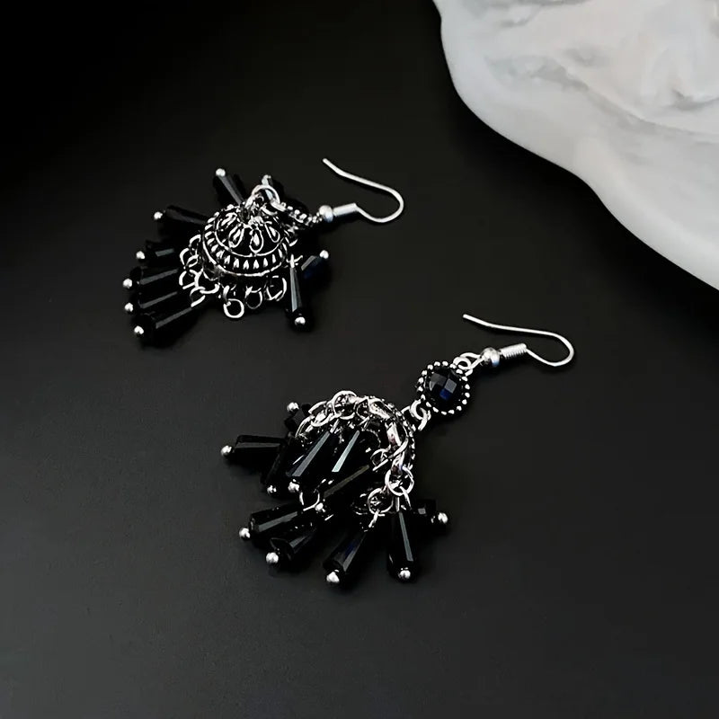 Chic Tassel Lantern Earrings - Exquisite Black Chandelier Drops, Dangling Ethnic Style Hooks, Hypoallergenic for Sensitive Skin