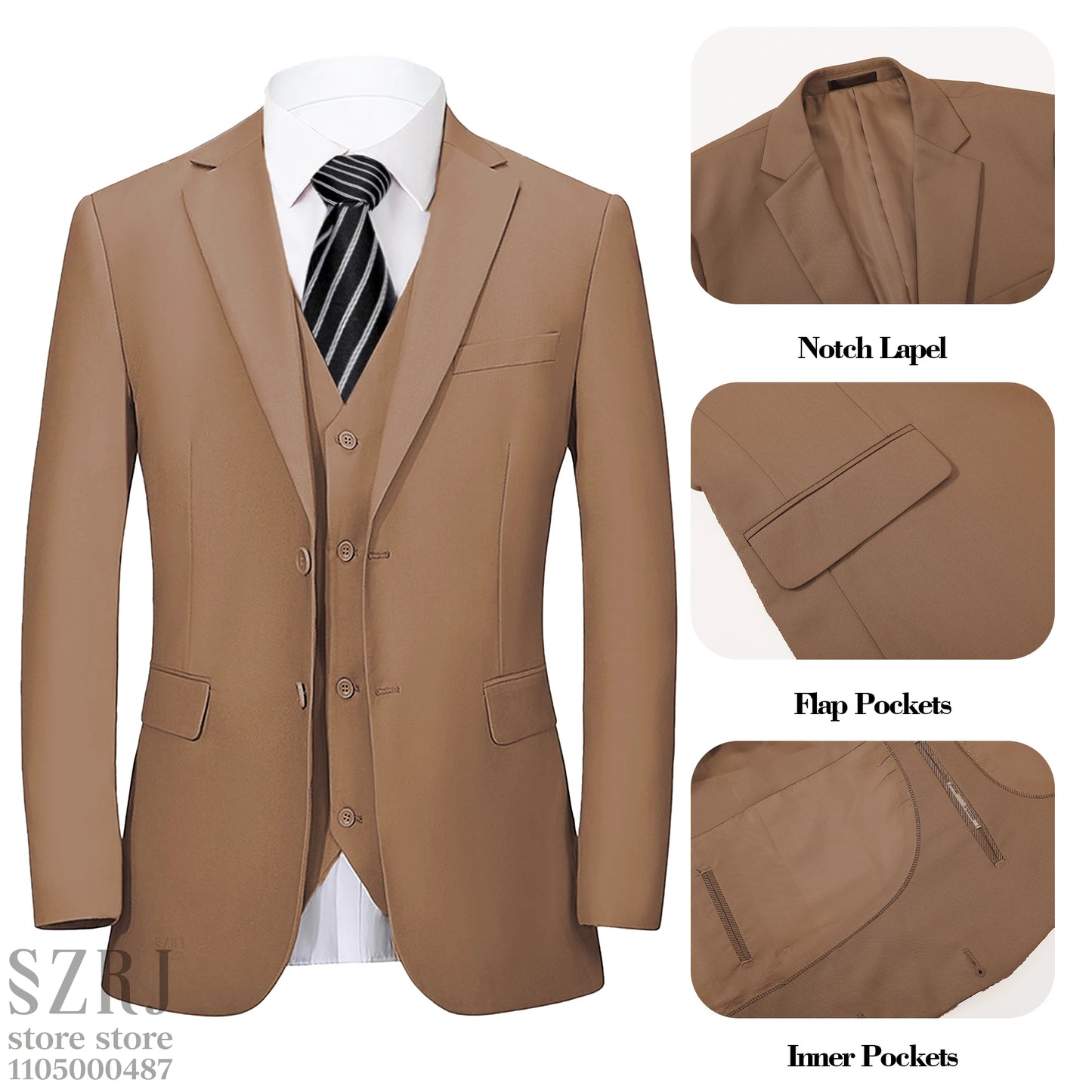 Men's 4-Piece Suit: Jacket+Vest+Pants+Blue Spotted Tie.Gentleman Style, Premium, Tailored. For Business, Parties, Weddings.