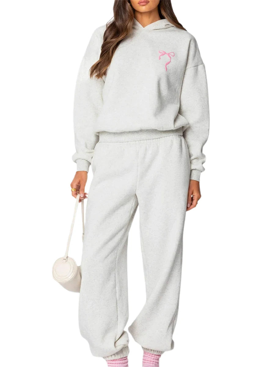 Women s 2 Piece Stylish Outfits Long Sleeve Floral Embroidered Sweatshirt Solid Color Jogger Pants Sets for Casual Wear