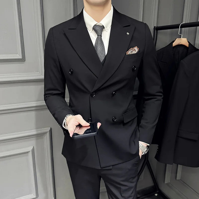 Men's 3 Piece Double‑Breasted Suit Set Slim Fit Solid Color Business Casual Wedding Party Jacket Vest Pants Male Formal Outfit