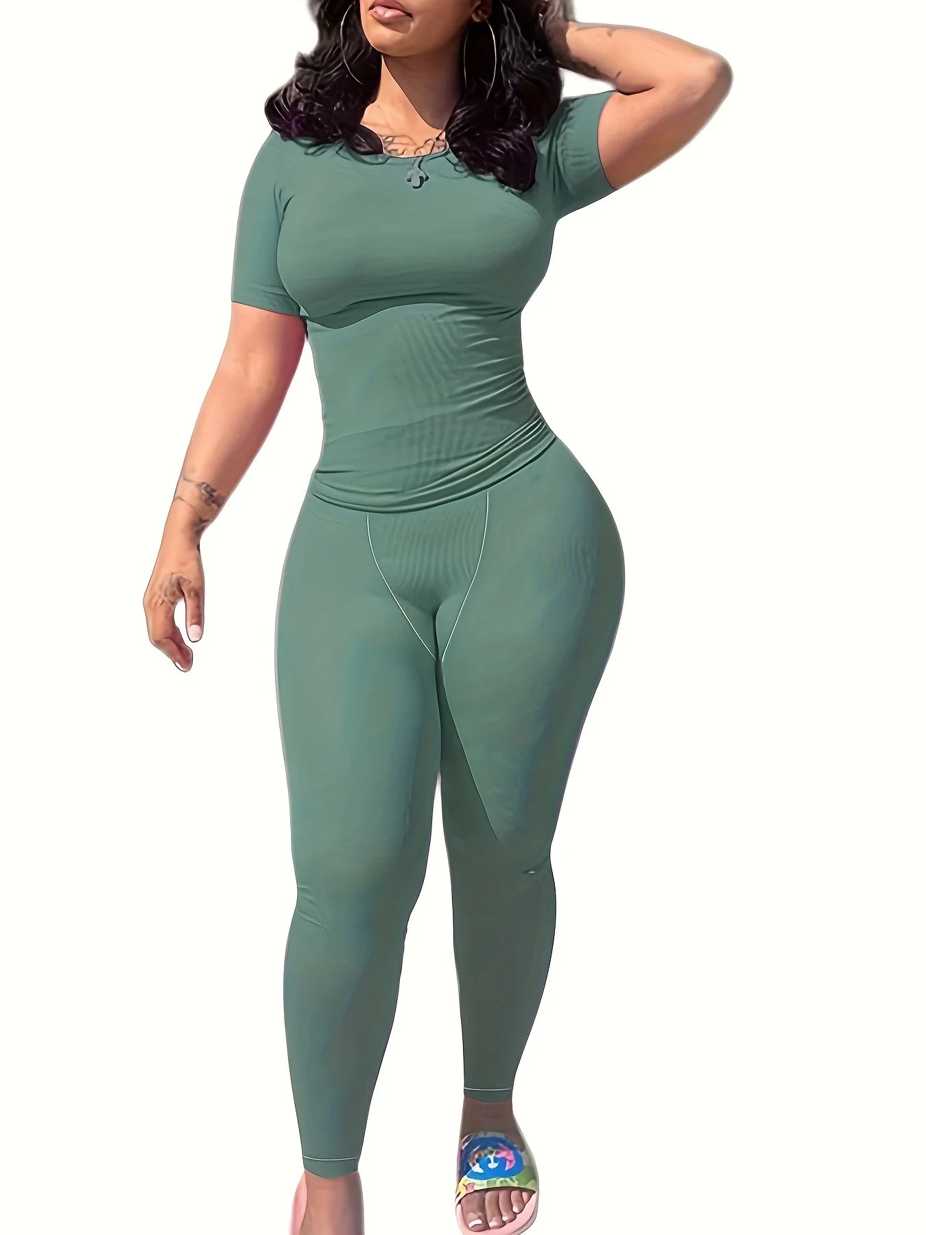 US STOCK | Casual Workout Sets Short Sleeve Two Piece Outfits For Women Ribbed Fitted Crew Neck T-shirt Matching Sets Streetwear