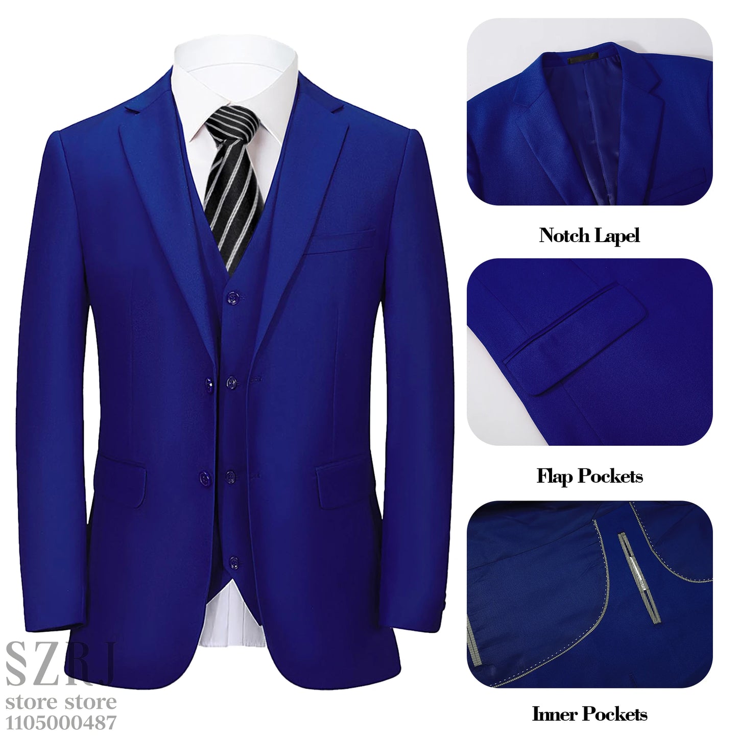 Men's 4-Piece Suit: Jacket+Vest+Pants+Blue Striped Tie. V-Neck, Gentleman Style, Tailored. For Business, Parties, Weddings.