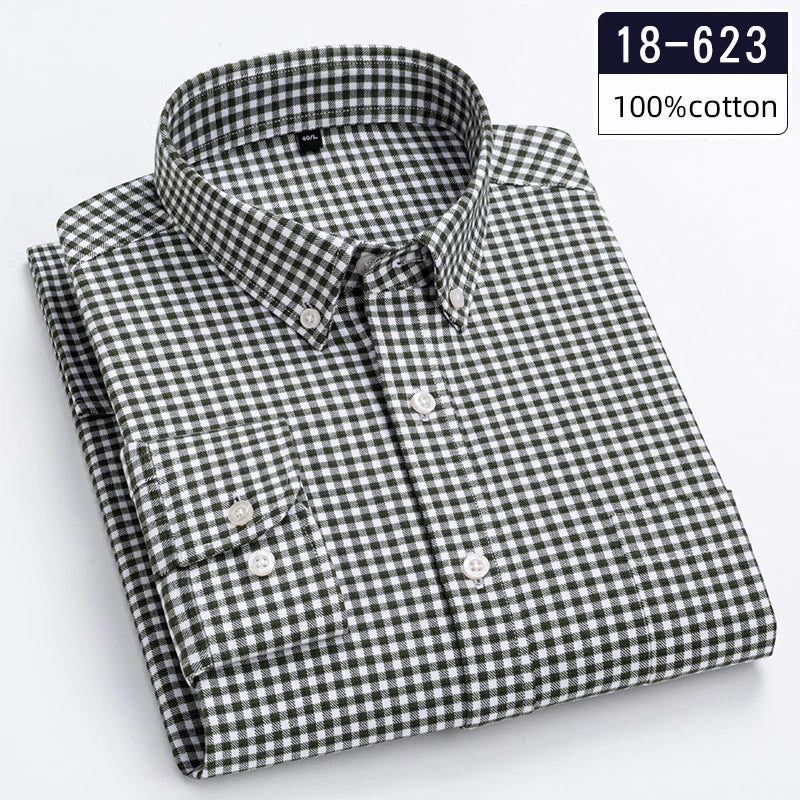 New in Shirt High-Quality 100% Cotton Long-Sleeve Shirts for Men Slim Fit Casual Soft Plaid Tops Single Pocket Houndstooth Cloth