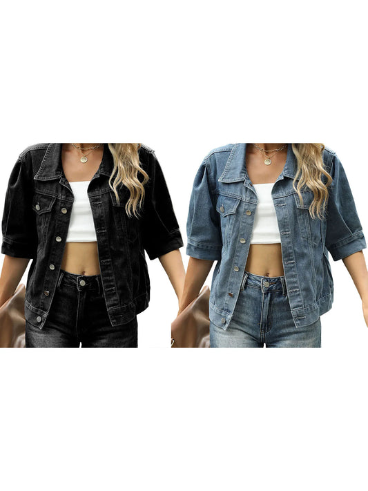 Women s Denim Jacket Long Sleeve Turn-down Collar Button Closure Solid Casual Coat Streetwear Fashion Outwear