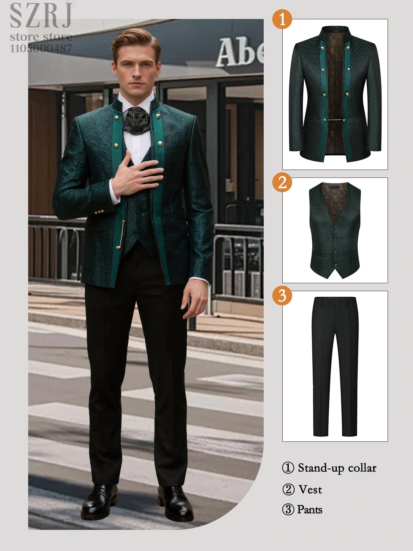 Men's 3pcs Floral Tuxedo Suit: Stand Collar, Double-Breasted Vest & Pants - Wedding/Party/Performance