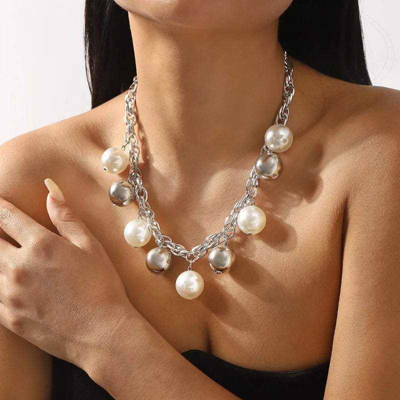 Cross-border Coarse Chain Pearl Pendant Necklace Personality Fashion Temperament Light Luxury Premium Cuban Clavicle Chain