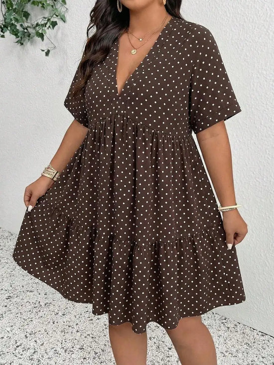 Plus Size Women V-Neck Polka Dot Short Sleeve Casual Flowy Dress Summer