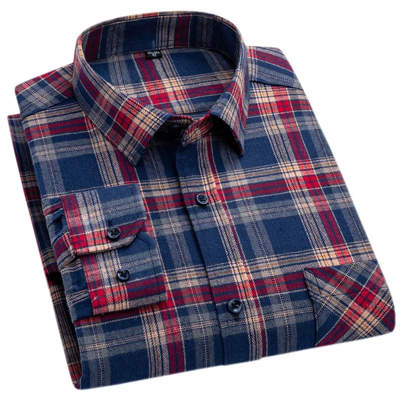 New Spring Long Sleeve Plaid Shirts For Men 100% Cotton Flannel Plus Size Easy Care Comfortable Top Casual Smart Dress Shirts