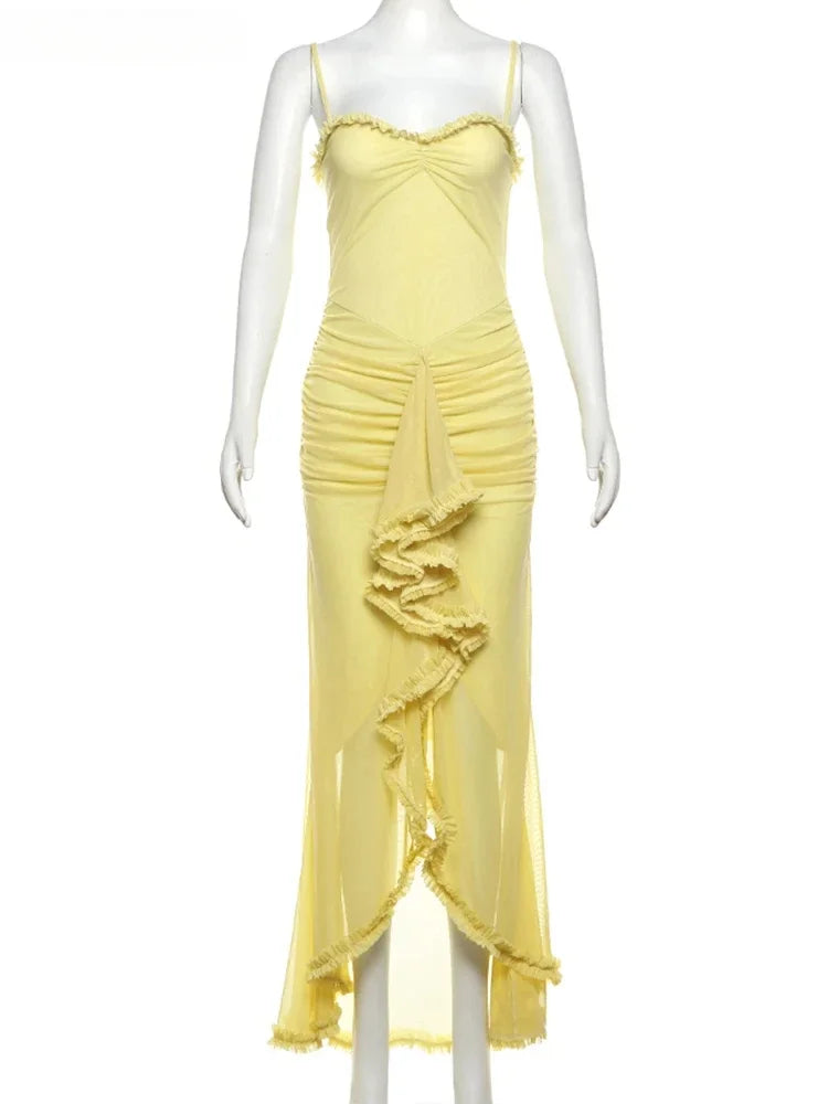 Weird Puss Ruffles Bandage Dress Women Sexy Backless Sleeveless Tassel Lace-Neck See Through Slits Hem Prom Party Long Bodycon