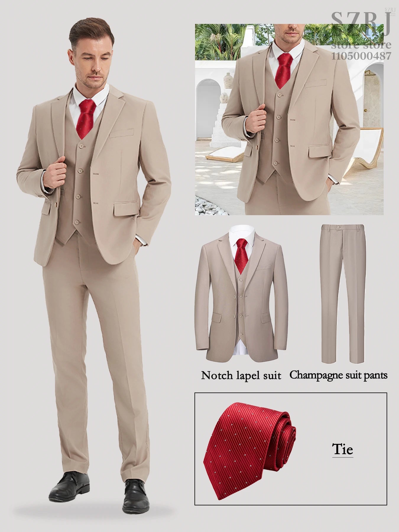 Men's 4-Piece Suit: Jacket+Vest+Pants+Red Spotted Tie.Gentleman Style, Premium, Tailored. For Business, Parties, Weddings.