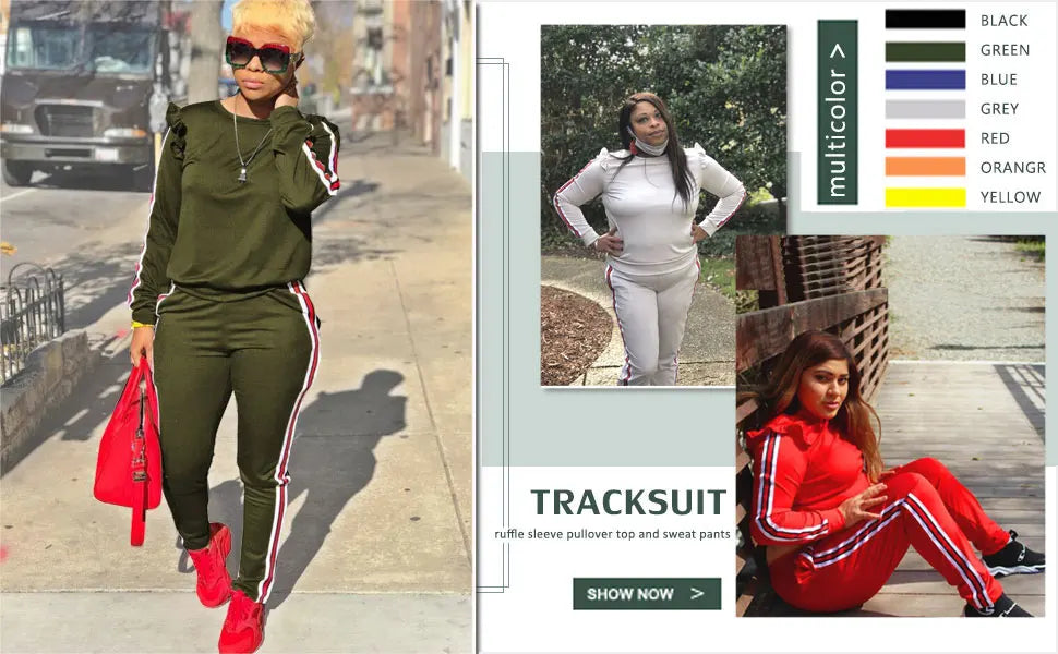 Women's 2 Piece Outfits Ruffle Long Sleeve and Pants Sweatsuits Casual Set