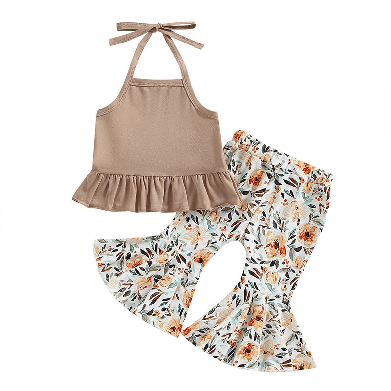 Toddler Girls Sleeveless Top and Floral Print Bell Bottoms Set Lace-Up Halterneck Vest with Flare Pants Summer Ensemble