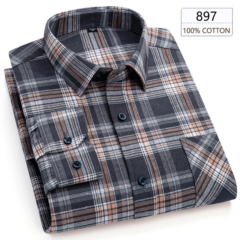 New Spring Long Sleeve Plaid Shirts For Men 100% Cotton Flannel Plus Size Easy Care Comfortable Top Casual Smart Dress Shirts