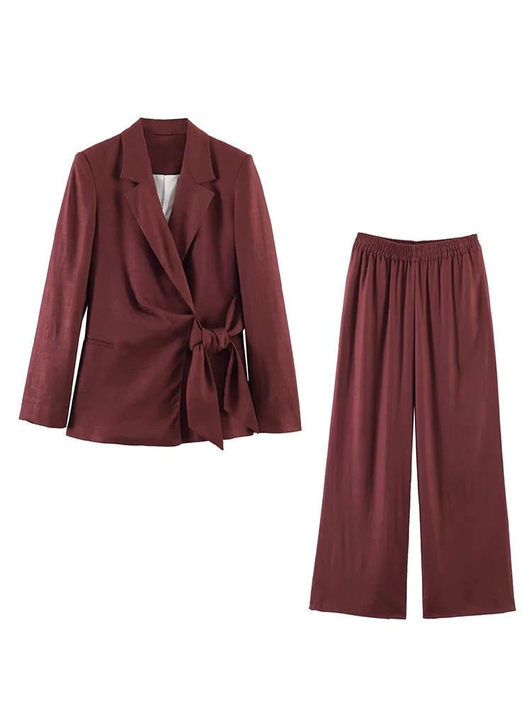 Fashion Office Ladies Blazer Pants Suit Elegant Formal Slim Lace Up Jacket Straight Trouser Lady Commuting Wear 2 Piece Set