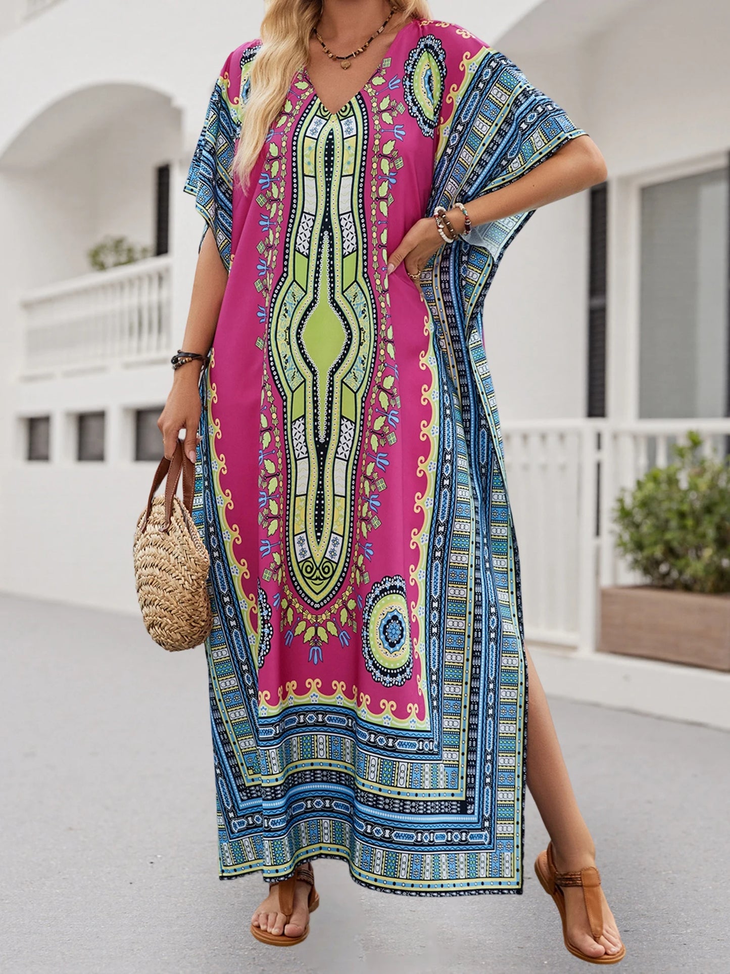 Women s Boho Style Floral Print V-neck Short Sleeve Beach Cover-up Dress with Side Slit Loose Fit Summer Maxi Dress