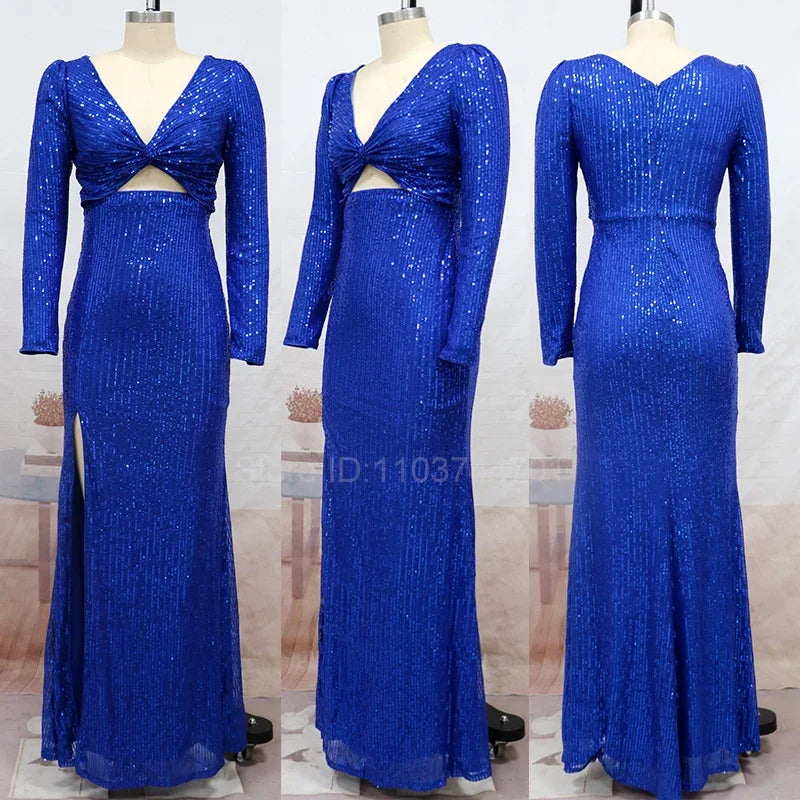 Cocktail Dresses Royal Blue Stretch Sequin Floor Length Evening Night Long Dress Full Sleeve Bodycon  Mermaid Party Dresses