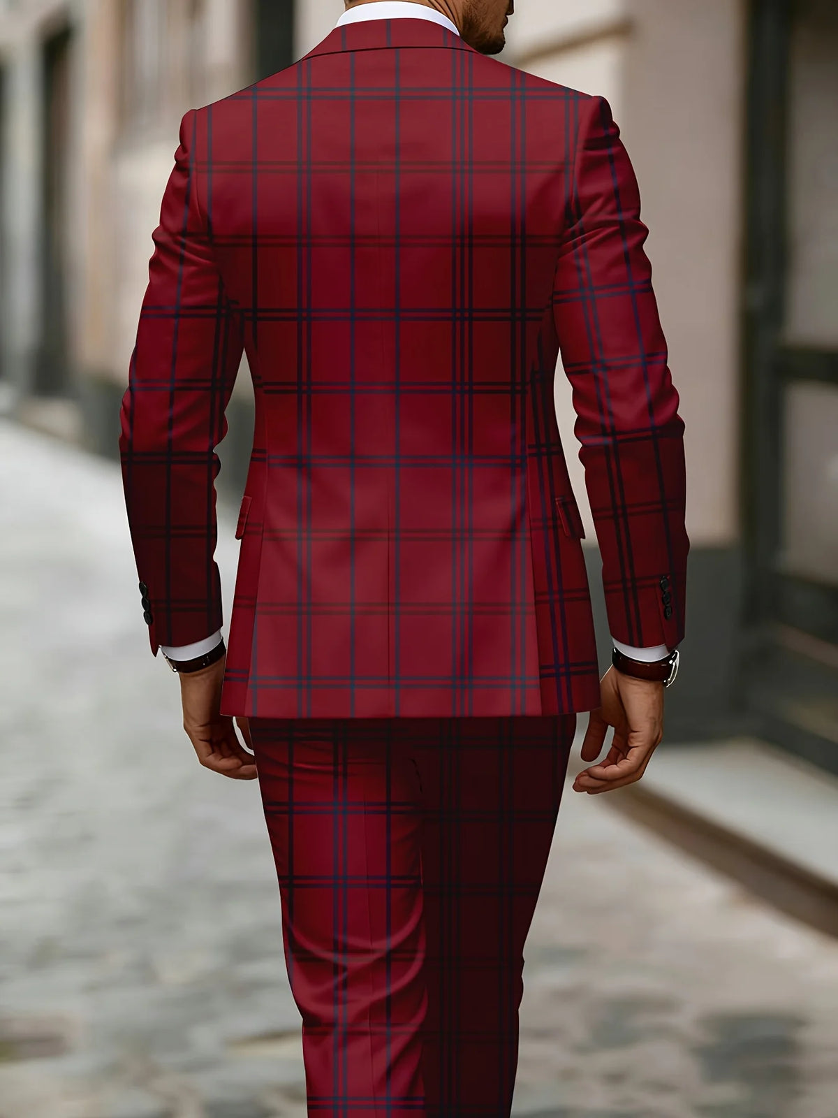 European & American Style Men's Business Suit Set Two-Piece Suit & Trousers Retro Red Blue Color-Block Plaid Print