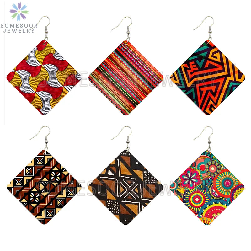 SOMESOOR Seamless Floral Afro Fabric Square Wooden Drop Earrings Blue Peonies Flowers Bohemian African Art Women Dangle Jewelry