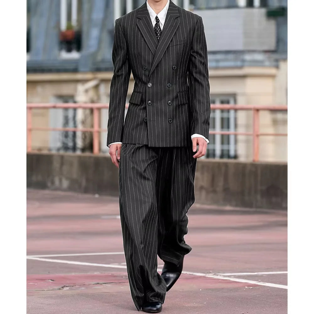 Men's Brown Pinstripe Suit 2 Piece Double Breasted Slim Fit Notch Lapel Jacket Wide Leg Pants Formal Set Business Wedding Outfit
