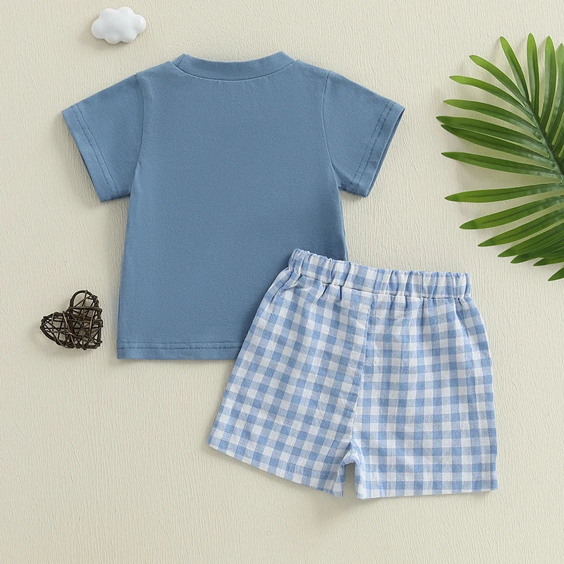 Infant Boy s Casual Outfit with Embroidered T-shirt and Plaid Shorts Elastic Waistband 2-Piece Set for Toddlers