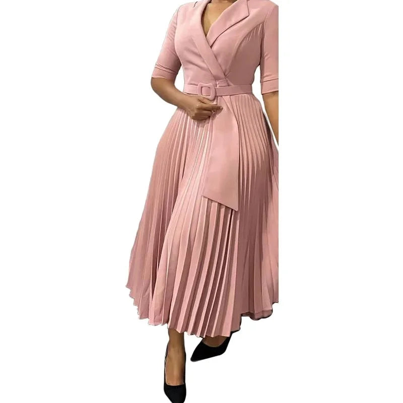 Elegant Office Dresses Pleated for Woman Notched Collar Half Sleeve Belt Waisted Mid Calf Professional Afircan Business New Robe
