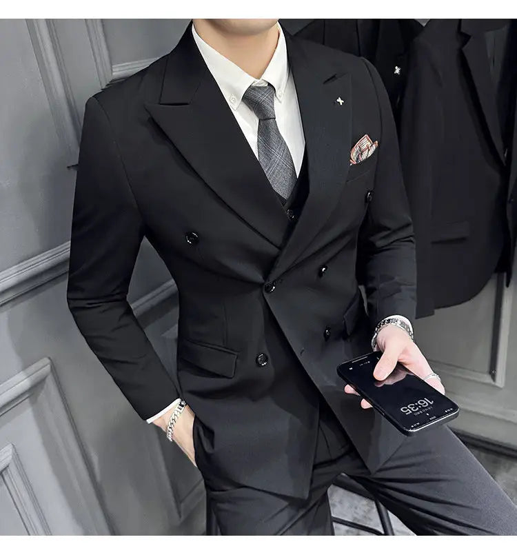 Men's 3 Piece Double‑Breasted Suit Set Slim Fit Solid Color Business Casual Wedding Party Jacket Vest Pants Male Formal Outfit