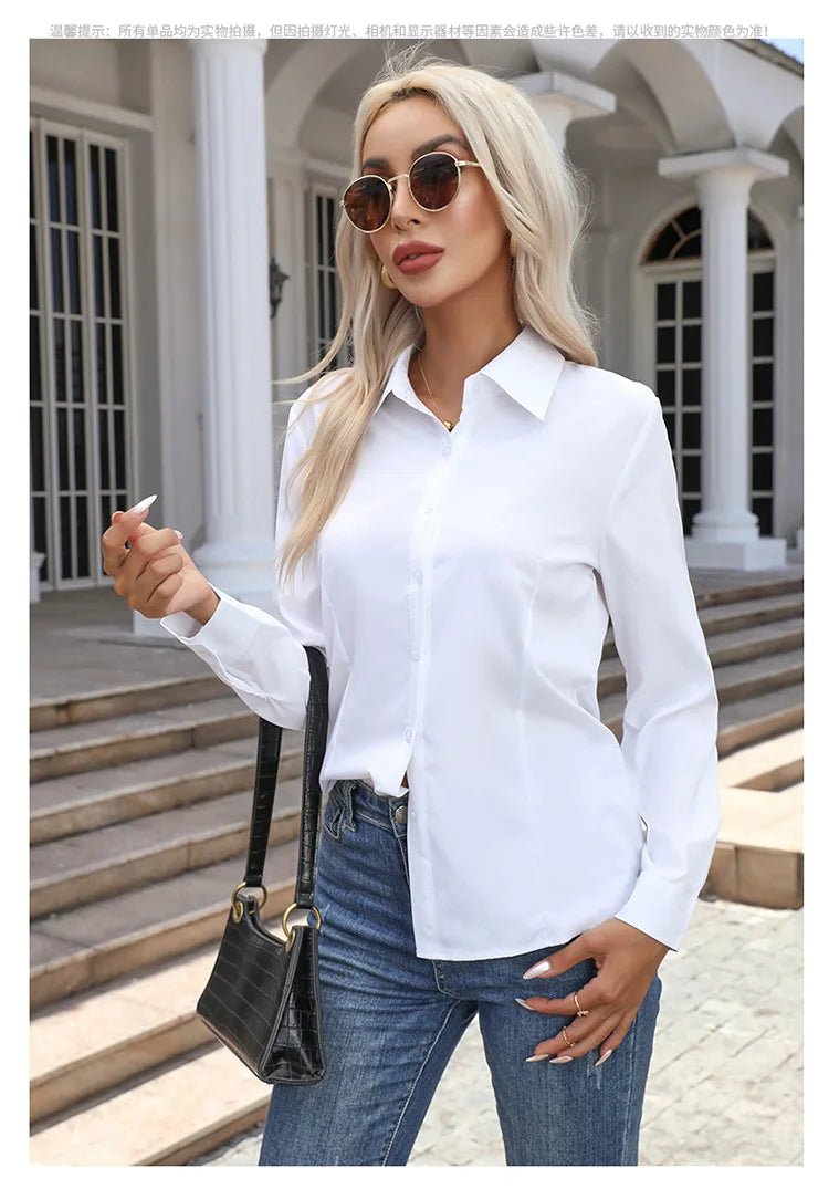 1pcs Woman Spring Autumn Solid color Shirts Lady Casual Long Sleeve Turn-down Collar Loose Shirt Female Fashion Temperament Tops