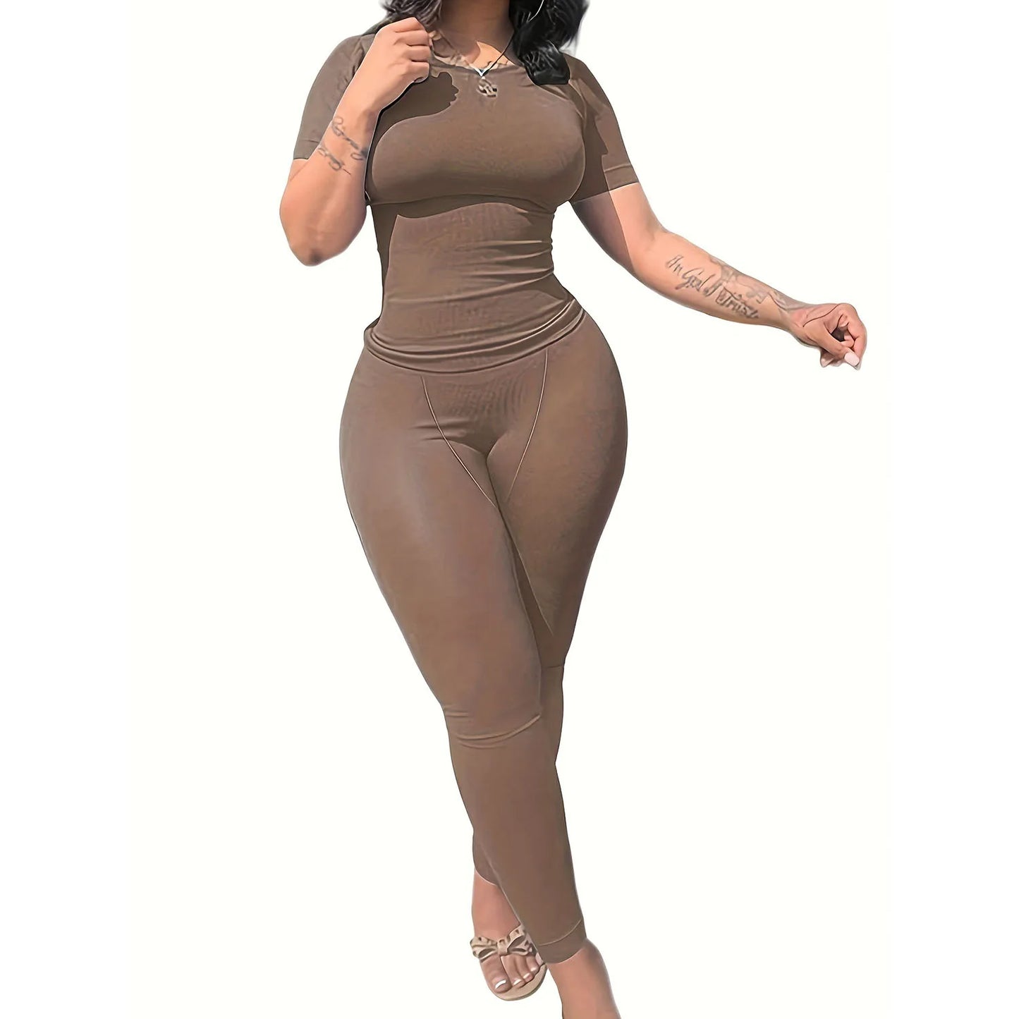 US STOCK | Casual Workout Sets Short Sleeve Two Piece Outfits For Women Ribbed Fitted Crew Neck T-shirt Matching Sets Streetwear