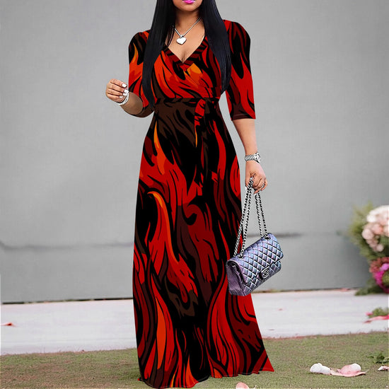 Sexy V Neck Print Maxi Dress for Women Casual Loose 3/4 Sleeves Outfits with Belt