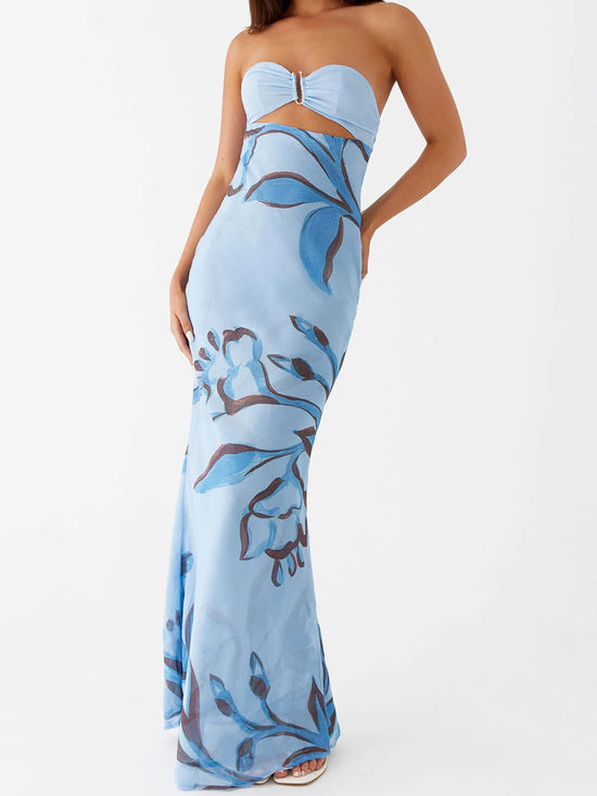 Elegant Maxi Dress with Off-Shoulder Design and Floral Print Stylish Backless Strapless Tube Dress for Summer Beach Party with