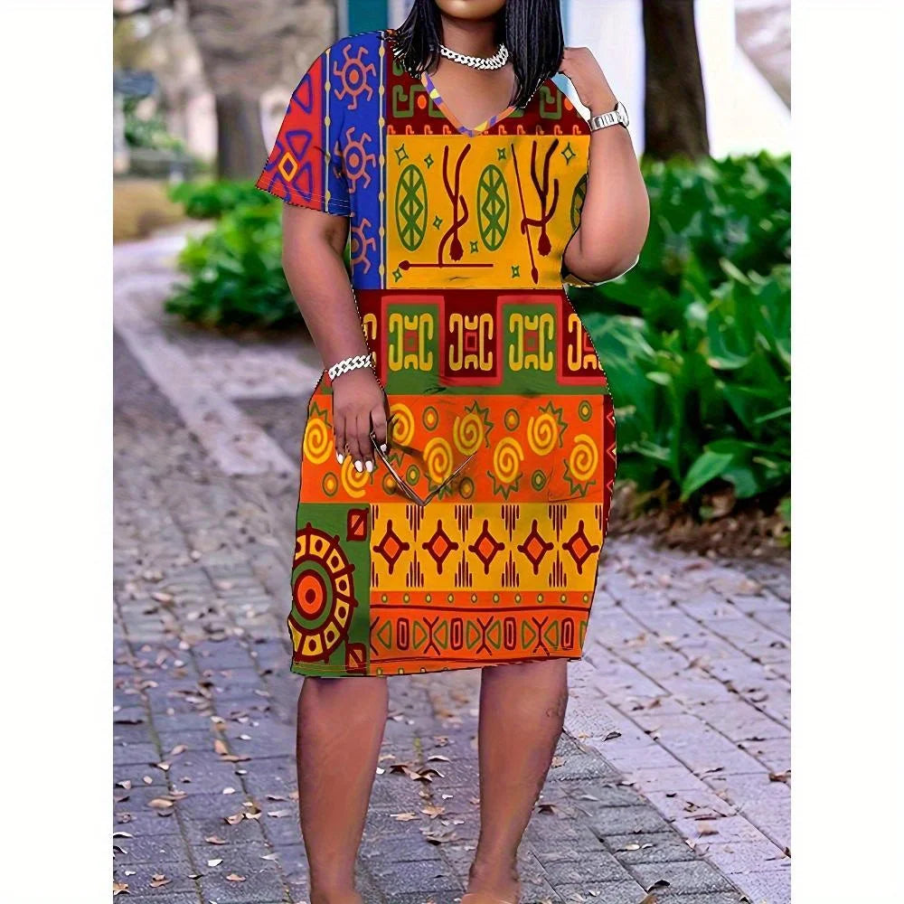 Ethnic Tribal Print Patchwork V-neck Shift Dress