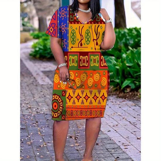 Ethnic Tribal Print Patchwork V-neck Shift Dress