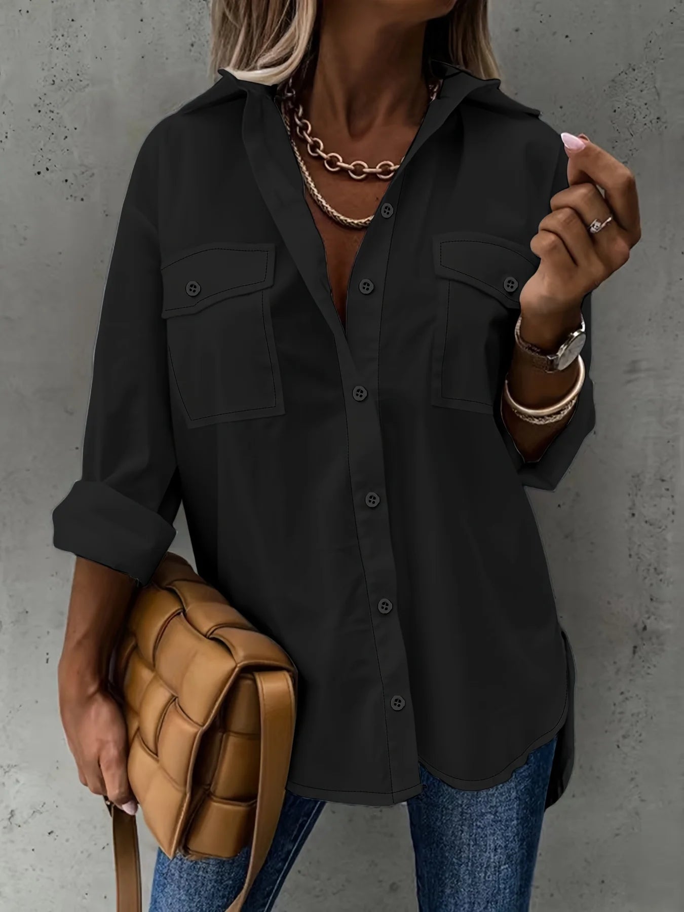 Women's shirt - front placket button double pocket, front short back long long sleeve shirt, front short back long