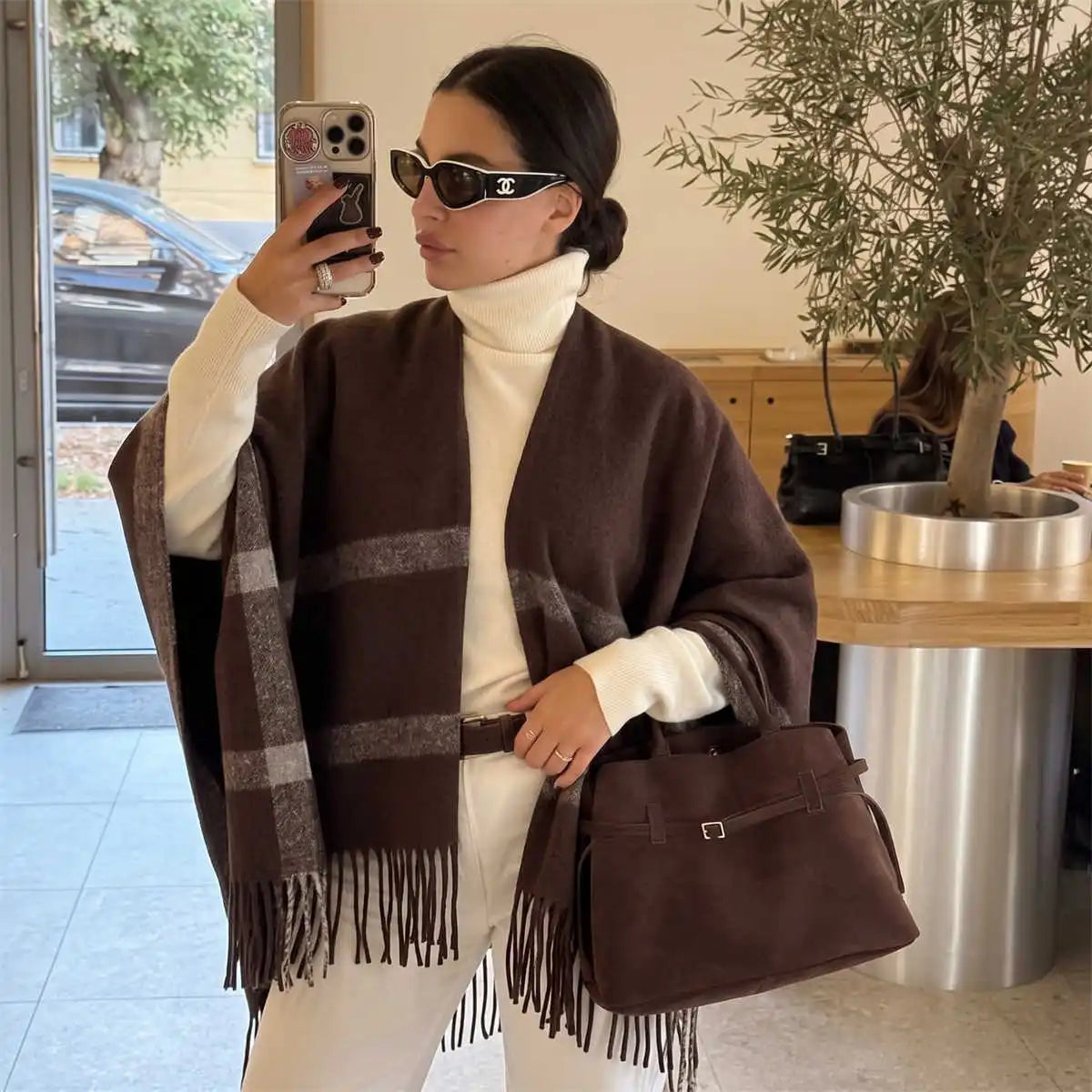 Women Striped Cape Shawl Scarf with Tassels Thick Warm Poncho Wrap Elegant Oversized Cape for Ladies Winter Daily Street Outfit