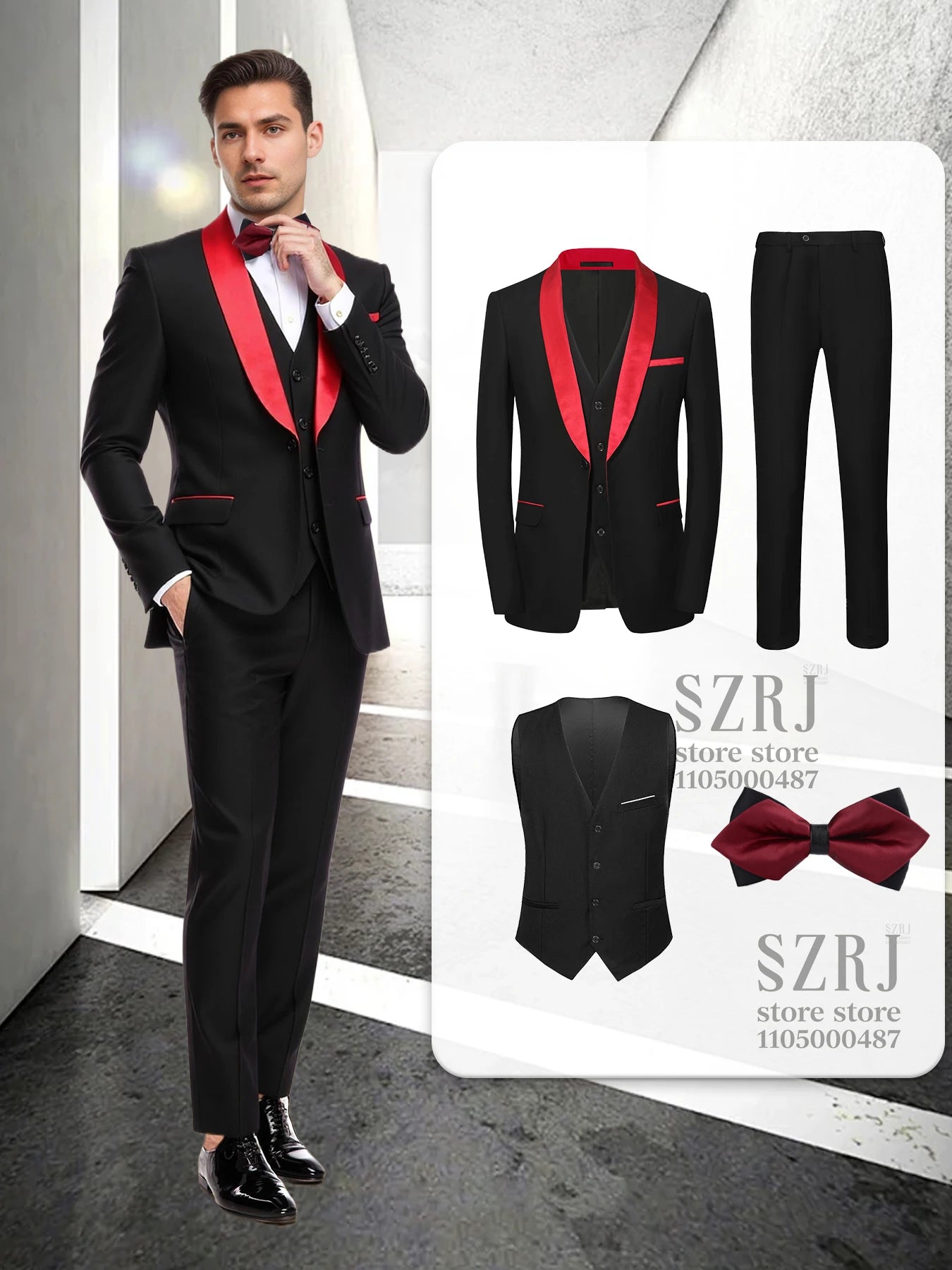 Men's 4-Piece Formal Suit: Jacket + Vest + Pants + Bow Tie, Shawl Collar, 1-Button, Flap Pockets, Wedding/Party